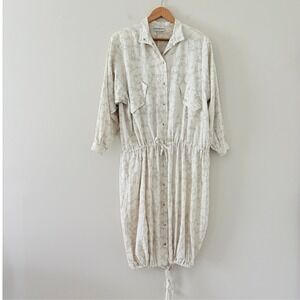 Marimekko Dress Shirt Dress S Beige Vintage Cotton Snap Front Drawstring Finnish